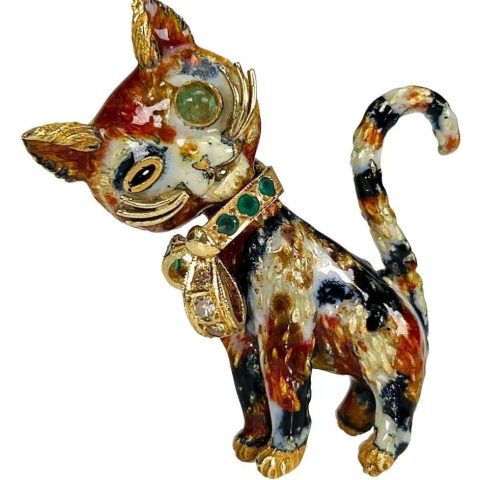 18k kitty enamel brooch