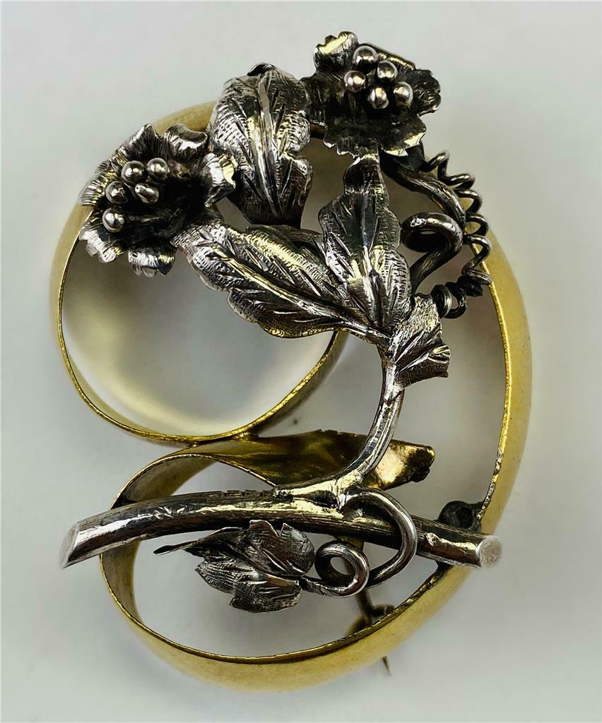 Victorian 10K Gold Sterling Floral Brooch - Image 2